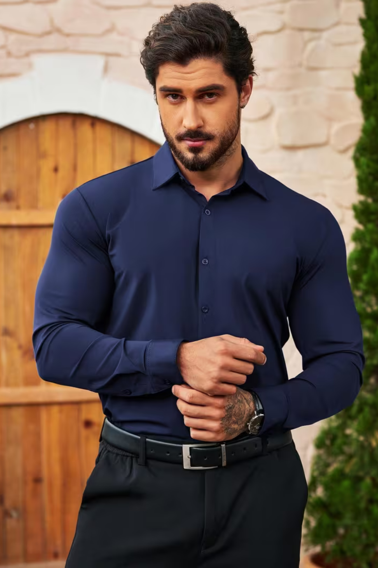 Camisa Antipiega Muscle Fit - Azul marino