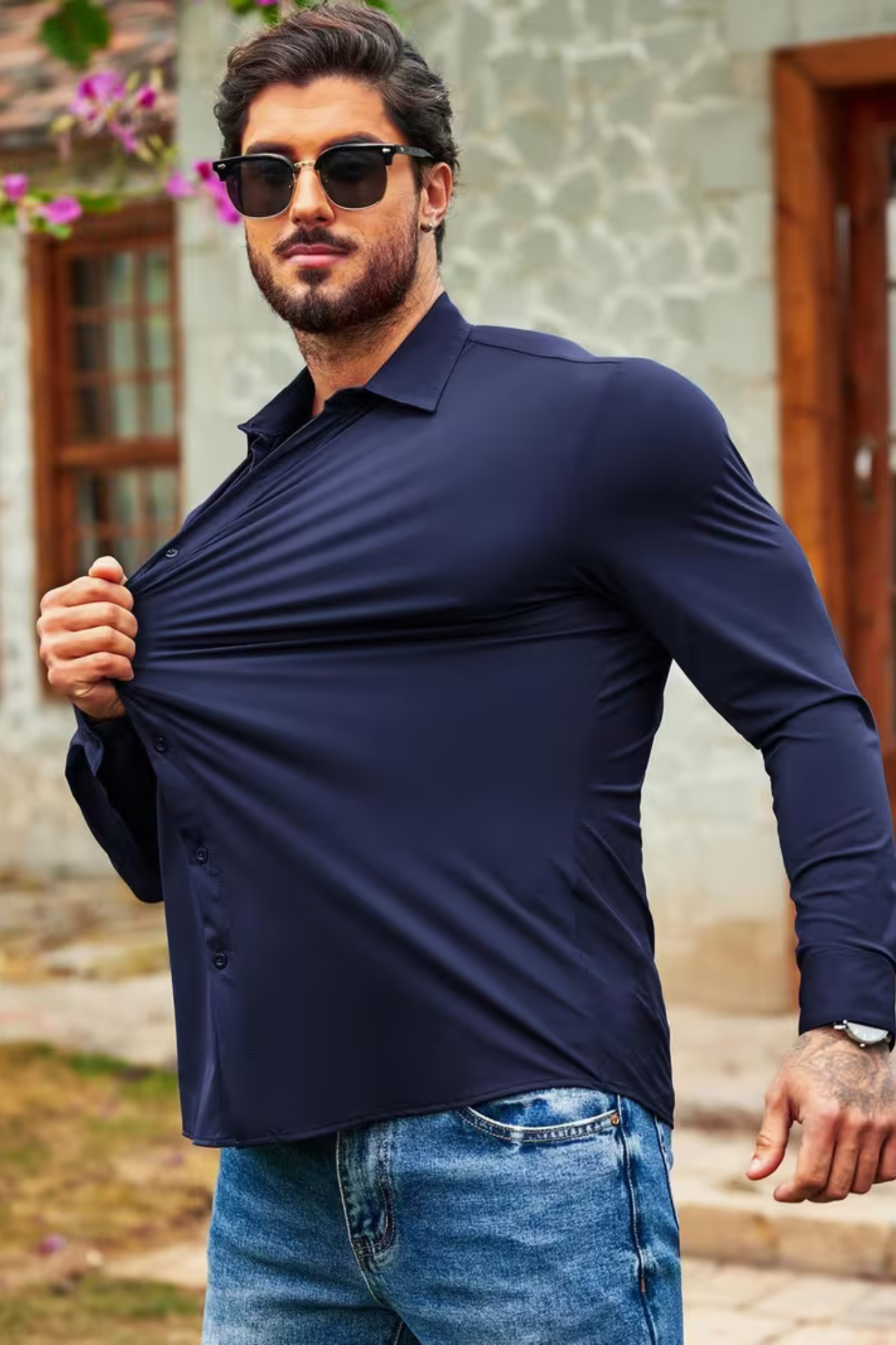 Camisa Antipiega Muscle Fit - Azul marino